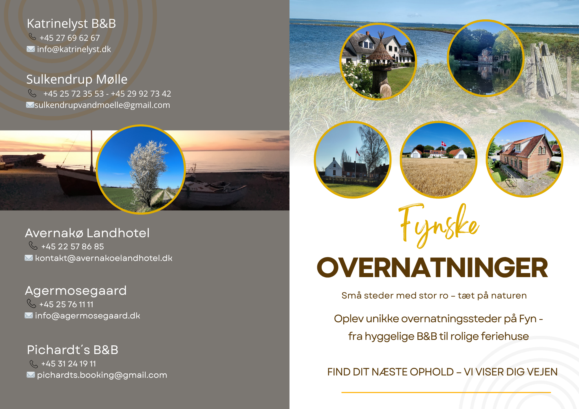 Pjece om fem overnatningssteder på Fyn og øerne – forside og kontaktoplysninger.